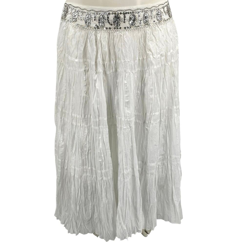 Nygard Collection Women White Tier Cotton Sequin Waist Flowy Boho Maxi Skirt 18